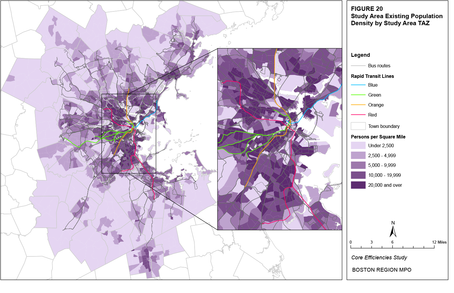 This map shows the population density (persons per square mile) by TAZ.